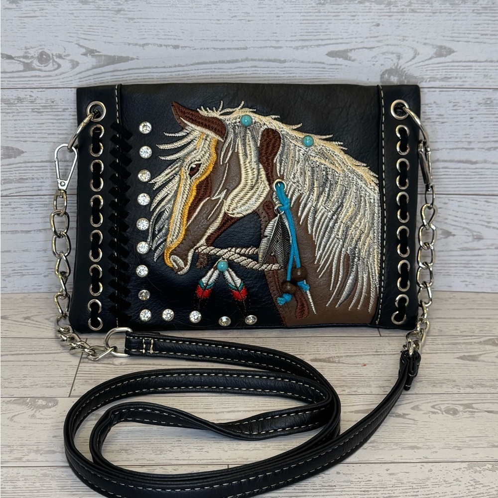 Western-Style Embroidered Horse Design Black Crossbody Bag